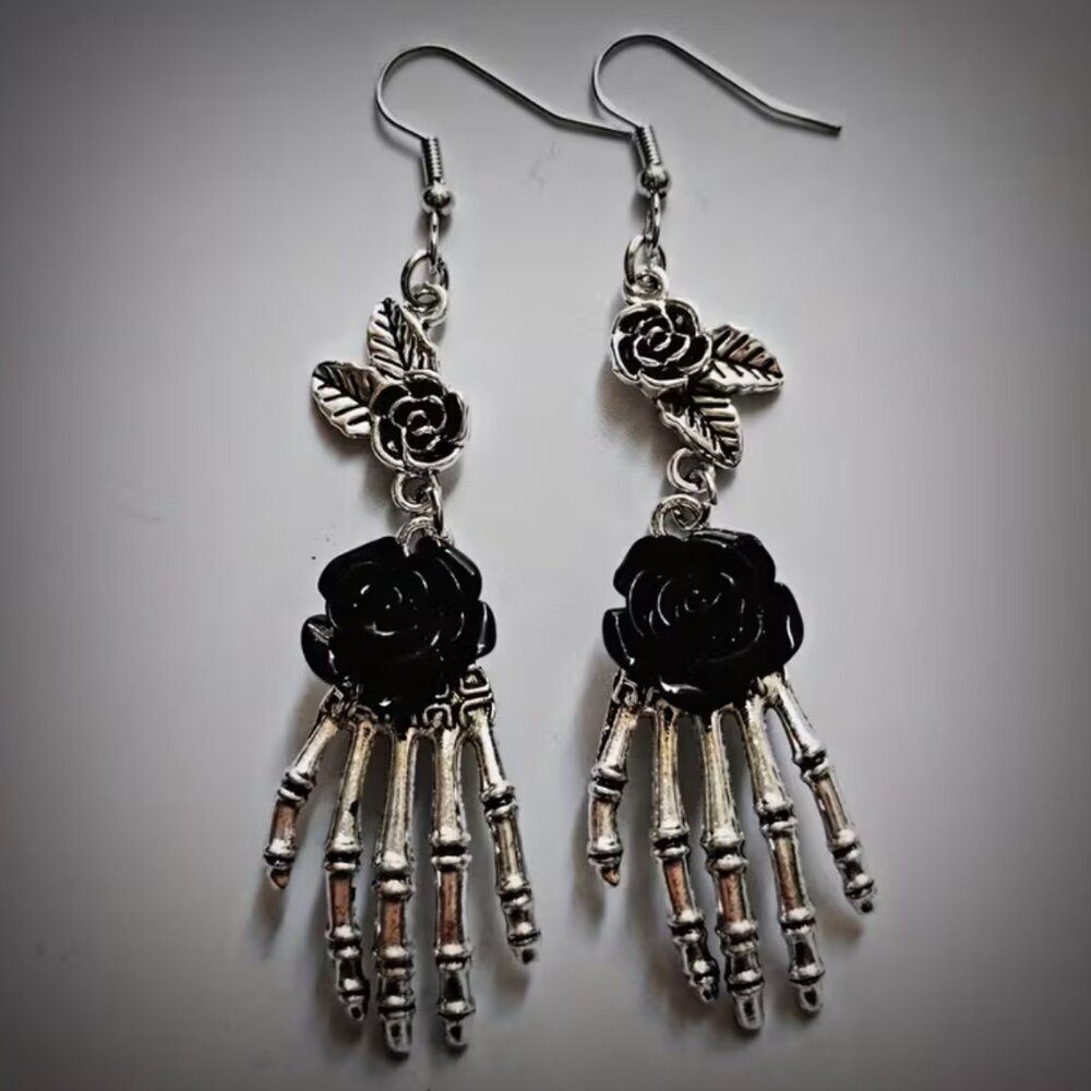 NWT Gothic Skeleton Hand Black Rose Earrings Zinc Alloy Punk